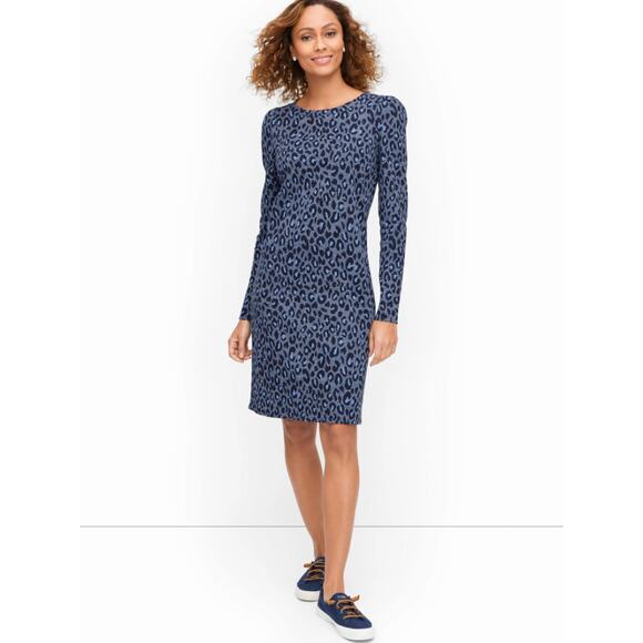 Talbots Women's size Large Blue Cheetah Print Long Sleeve Knee Length Dress - Picture 1 of 9